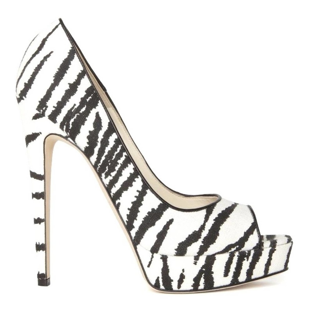 Brian Atwood Linen Zebra Print Open Toe Pump - image 5